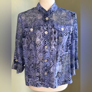 Ruby Rd Blue Batik collarless shirt/jacket Adjustable button sleeves. 14P Great